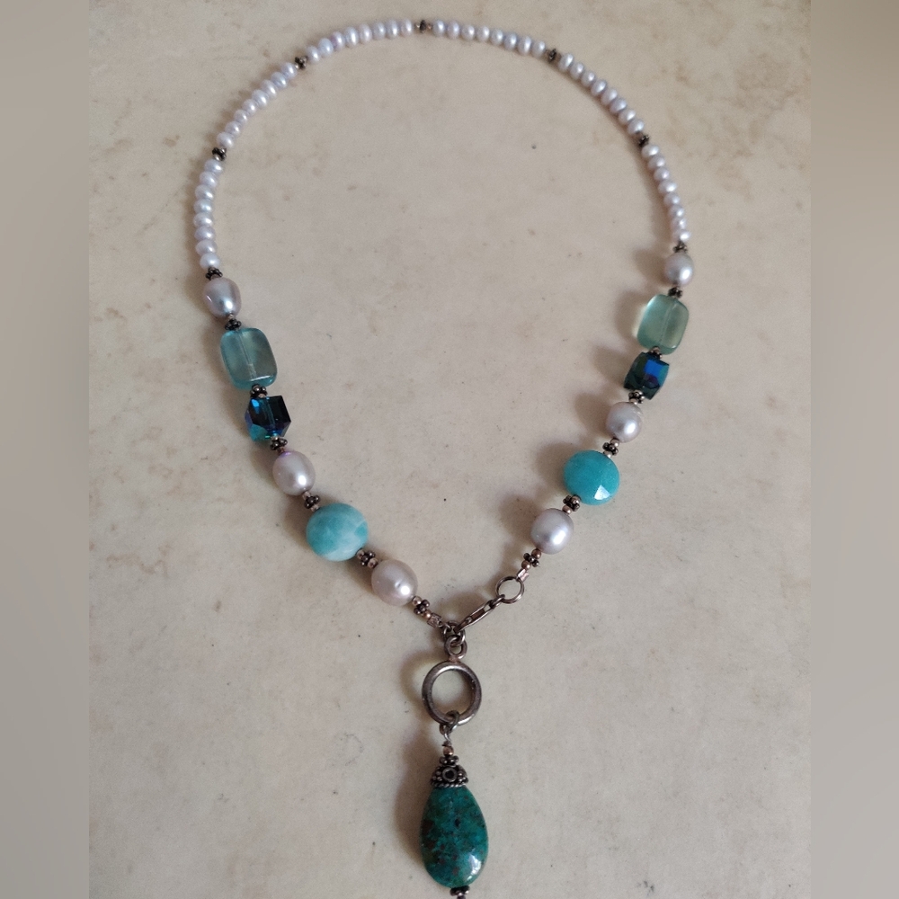Artisan Handmade Lariat Necklace Silver 925 Genuine Pearls & Stones